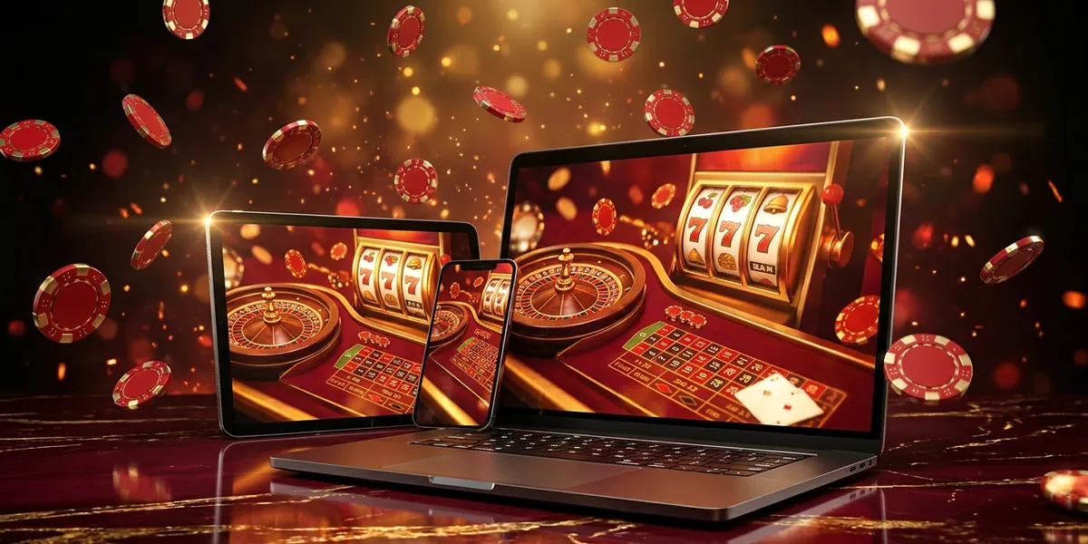 Laptop, tablet and phone showing play99 dark-red casino interface