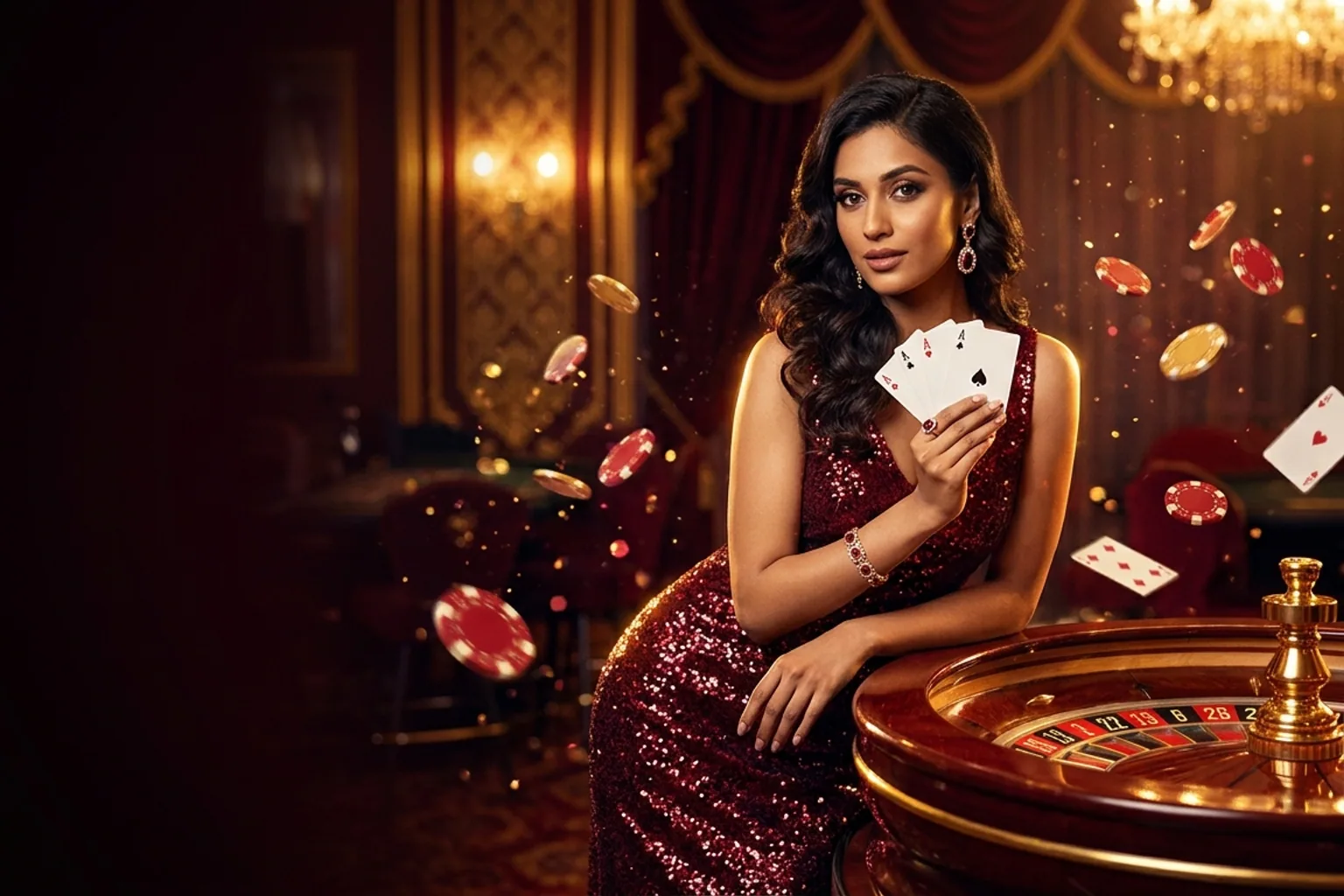 Woman in red gown at a roulette wheel — play99 free instant casino id
