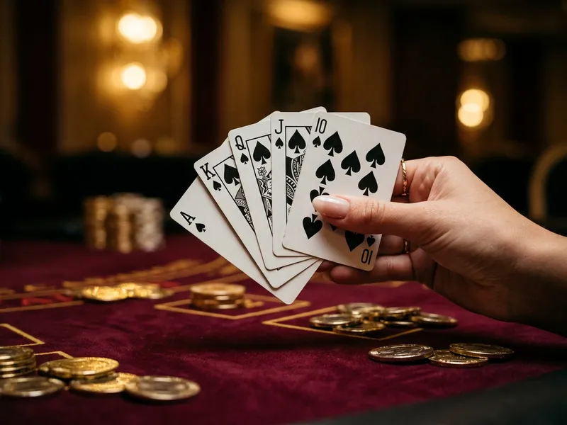 Winning royal flush and three aces card hand on a crimson velvet table